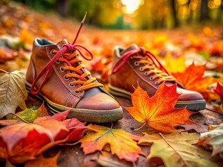 Autumn Shoes: Close-Up Maple Leaf Photography, Low Light Shoe Images, Fall Footwear