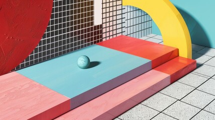 Abstract geometric composition with colorful shapes and a sphere.