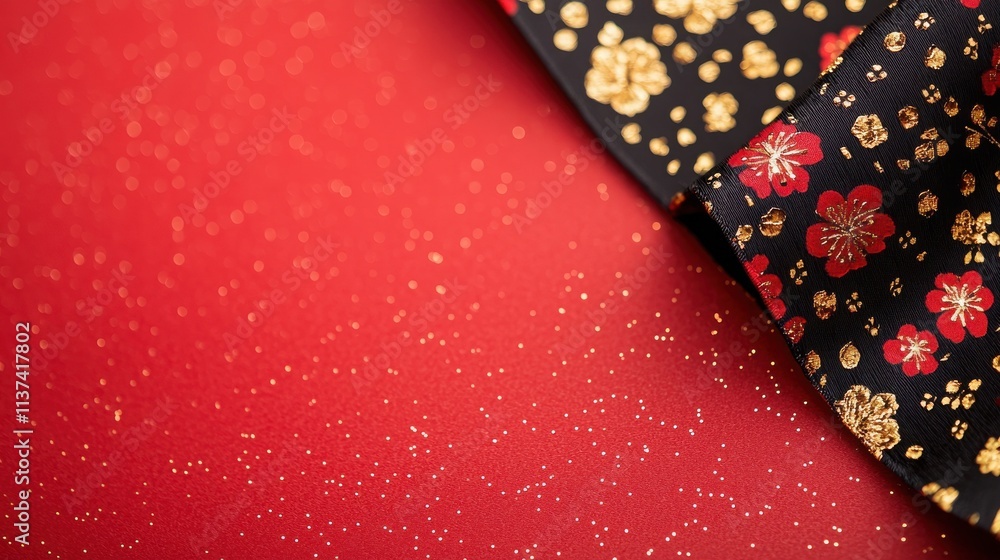 Poster a vibrant red background features a black fabric adorned with colorful floral patterns, creating a s
