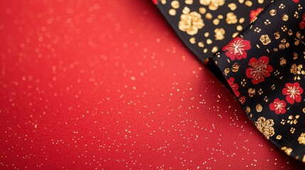 Obraz premium A vibrant red background features a black fabric adorned with colorful floral patterns, creating a striking visual contrast.