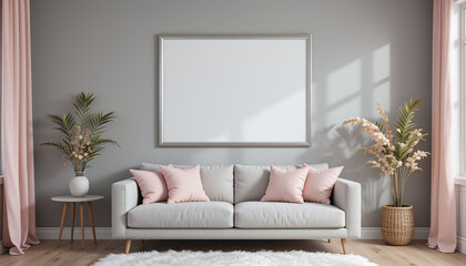 "An empty frame poster mockup in a soft gray living room with blush pink accents. The frame is a sleek silver, placed above a light gray sofa, with blush throw pillows and a white fur rug adding warm.