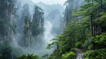 High-end photography of a misty mountain forest with towering trees and a serene pathway