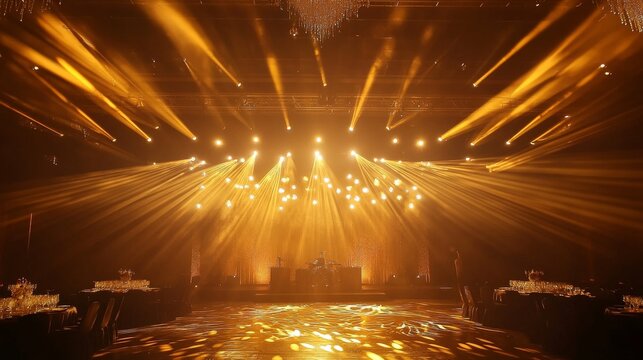 elegant event illumination, golden beam array, sparkling particle field, glossy floor highlights, dark luxury environment, dramatic uplight effects, prestigious venue ambiance