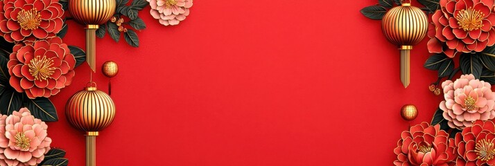 A vibrant red background adorned with golden lanterns and lush pink flowers, perfect for festive celebrations and cultural events.