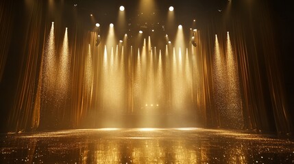 theatrical stage lighting, golden glitter cascade, velvet curtain frame, dramatic spotlights, reflective floor surface, luxury performance space, magical particle shower effect