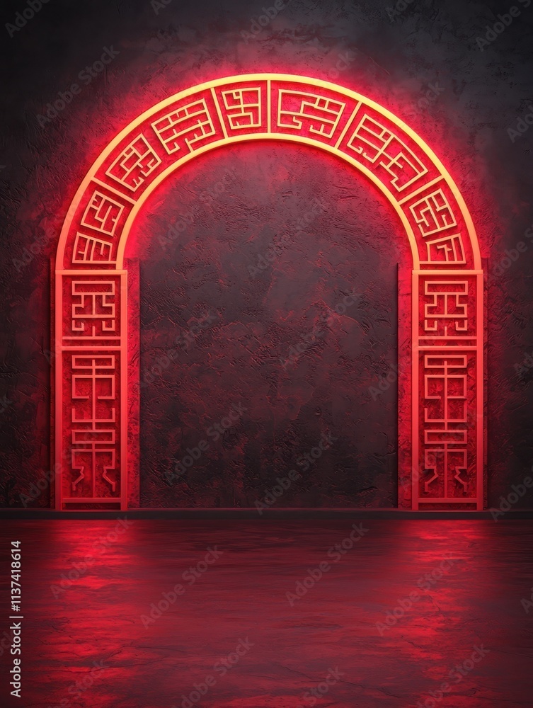 Poster a glowing red archway illuminated against a dark wall, creating a striking visual effect and contemp
