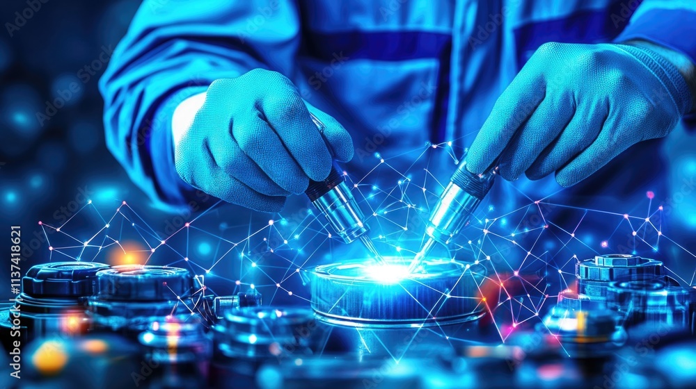 Poster innovative robotics engineering: hands working on futuristic technology