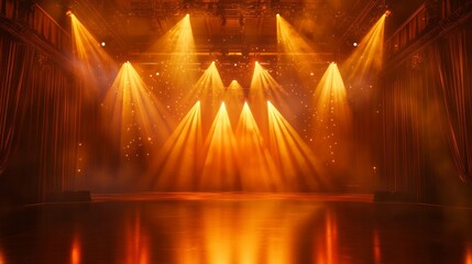 majestic concert stage, amber spotlight beams, falling sparkle effect, glossy platform reflection, draped fabric sides, grand theater setting, premium event atmosphere
