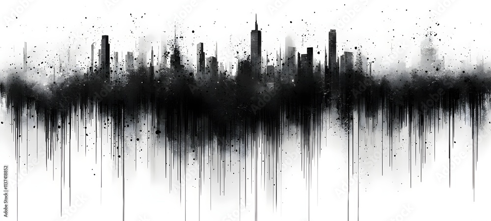 Poster an abstract black and white city skyline, featuring tall buildings and splatters, creating a moody a