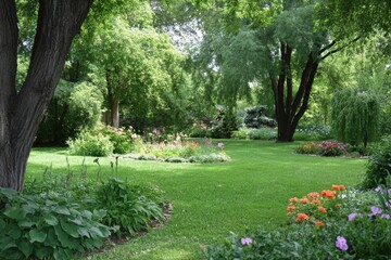 Fototapeta premium A vibrant garden with lush greenery and colorful flower beds.