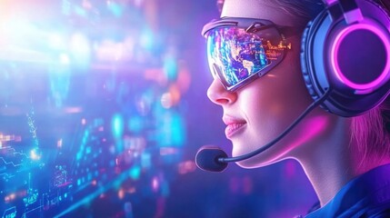 Young caucasian woman immersed in virtual reality with futuristic headset and neon lights
