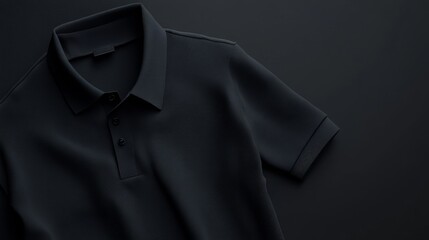 Black polo shirt rests dark background minimalist product shot.
