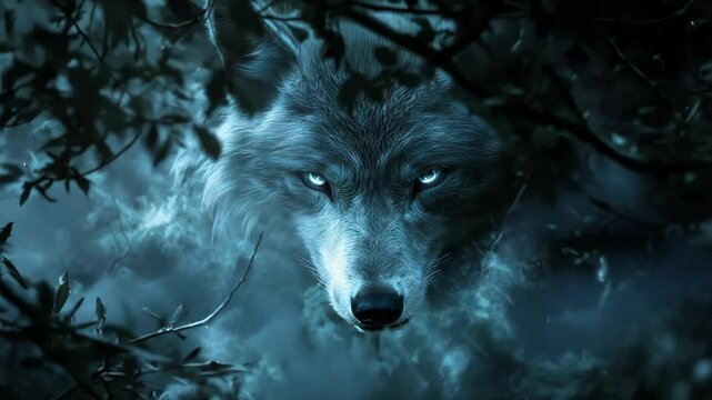 Enigmatic Wolf in Mystical Forest with Fog and Blue Lighting