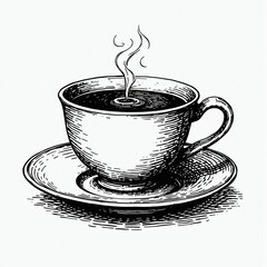 Hand Drawn Tea Cup with Saucer Ink Sketch Engraving Vintage Style Vector Artwork Perfect for Elegant Dining Room Wall Art.