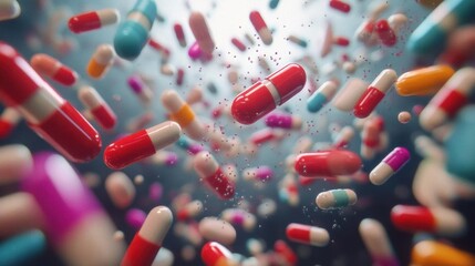 A dynamic array of colorful capsules and pills in motion.