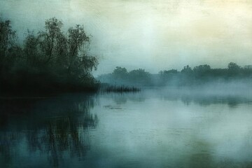 Serene landscape with misty water and silhouettes of trees at dawn.
