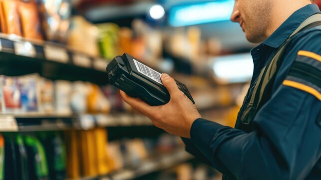 Man scanning product in grocery store aisle with handheld device