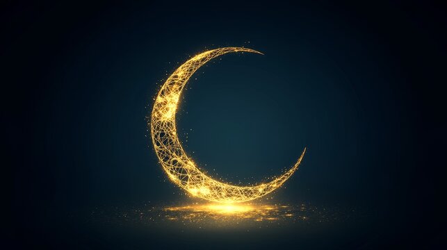 A glowing crescent moon made of sparkling particles against a dark background.