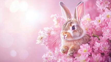 Fototapeta premium Cute bunny among pink blossoms for easter celebration and springtime joy