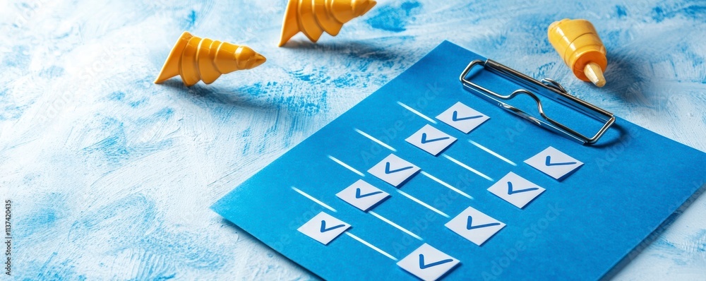 Poster checklist on clipboard with checkmarks and abstract shapes