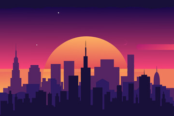 Obraz premium A flat design of a vibrant city skyline during sunset with glowing lights