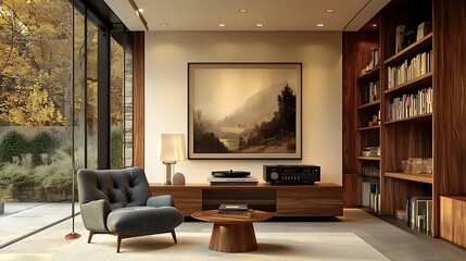 A charming mid-century modern corner with a plush armchair in teal, paired with a round wooden side table, a vintage record player on a console, and floor-to-ceiling bookshelves,