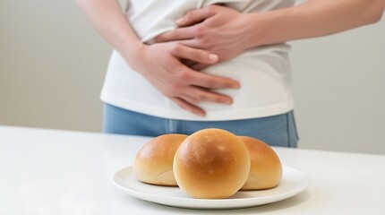 Free Diet Concept, gluten intolerance, gluten-free diet, girl refusing bread, white loaf slice, breakfast meal, food intolerance