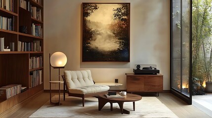 A classic mid-century modern corner setup with a tufted armchair, a side table holding a steaming cup of coffee, a tall wooden bookshelf, and a record player playing vinyl,