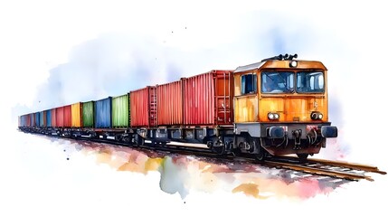 Obraz premium Vibrant Watercolor Painting of a Freight Train Transporting Colorful Container Cargo on a Track in Soft Blurred Background for Transport Art Enthusiasts