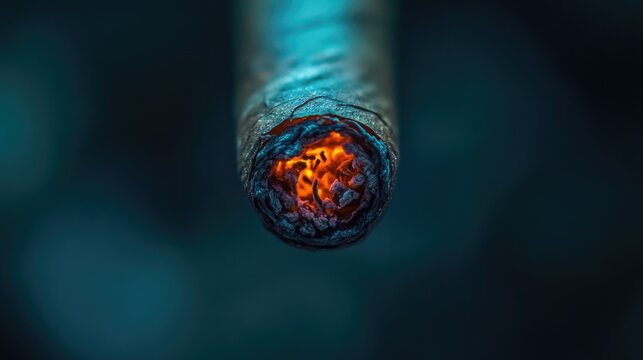 Close-up of a burning cigarette ember in low light