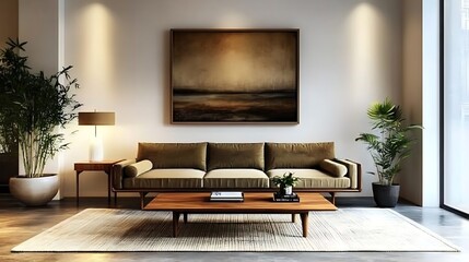 A cozy living room with a muted olive green sofa, textured sand-colored walls, and a simple wooden coffee table, complemented by a neutral area rug and potted greenery,