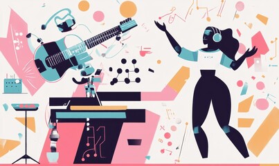 A vibrant illustration of a robot musician and a female performer.