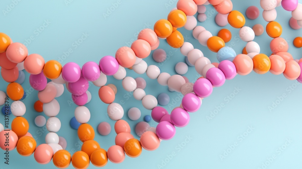 Poster dna analysis biometrics concept. a colorful dna double helix model with various sized spheres repres