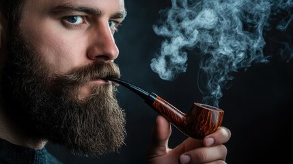 Fototapeta premium Young caucasian man smoking pipe with thick beard and smoke