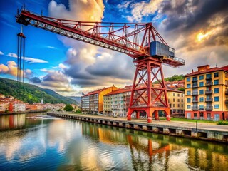 Bilbao Riverside Crane Photography: Industrial Landscape, Urban River, Spanish Architecture, Heavy Machinery, Steel Structure, Port Crane, Riverfront, Basque Country, Documentary Style