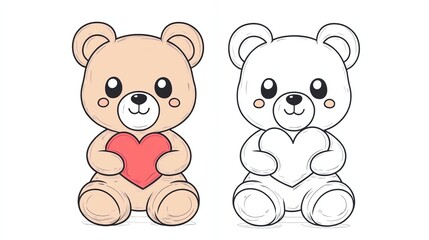 A cute teddy bear holding a red heart, and another teddy bear outlined for coloring.