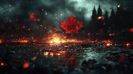 Canada day celebration with fireworks and red maple leaf in dramatic night scene
