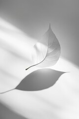 A delicate leaf casting a soft shadow in a minimalist setting.