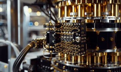 Close-up of a complex quantum computer circuit board and components.