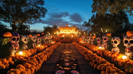 A vibrant D?a de los Muertos altar adorned with marigolds and skeletons.