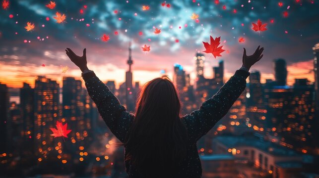 Celebration of canada's independence day with festive cityscape and maple leaves