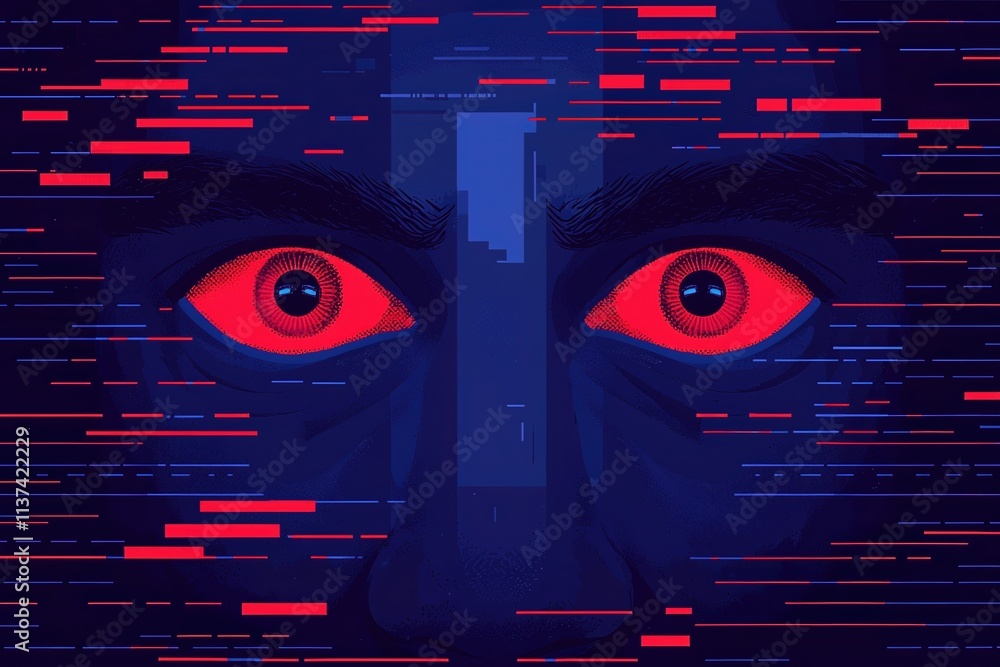 Poster dna analysis biometrics concept. a digital artwork featuring a face with striking red eyes, surround