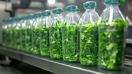 Fresh green lettuce in clear plastic bottles on a conveyor belt in a factory setting