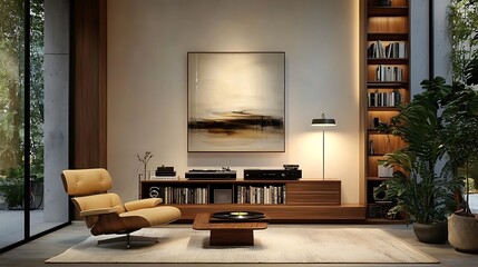 A cozy mid-century reading nook with a mustard yellow armchair, a walnut bookshelf, and a retro record player, illuminated by warm ambient light from a stylish floor lamp,