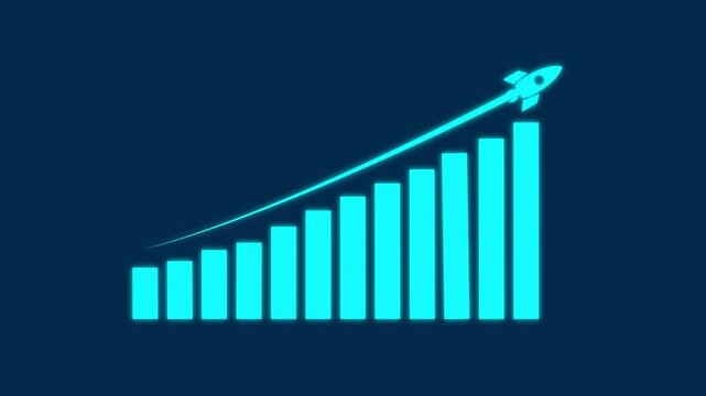 Business graph chart with growing business concept. Arrow Rising On Graph With rocket Sale Symbols. Abstract business growth and graph chart icon animation background. Profit, Business Success icon