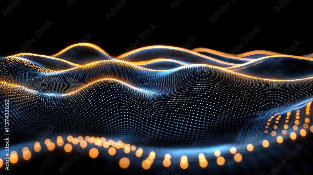 Poster visualizing digital waves of light abstract art virtual environment modern design aerial perspective