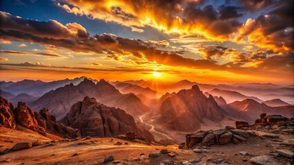 Naklejka premium Black and White Sunrise Sinai Mountain Landscape Photography - Dramatic Peaks, Desert Dawn