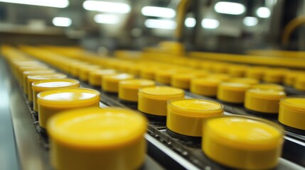 Obraz premium Yellow containers on factory conveyor belt for industrial packaging process