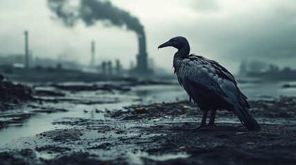 Fototapeta premium Pollution impact on wildlife: bird in polluted industrial landscape