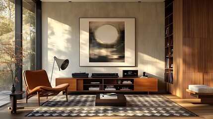 A cozy mid-century reading space with a burnt orange armchair, a geometric patterned rug, a slim wooden bookcase, and a vintage record player setup, accented by warm ambient light and soft shadows,